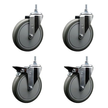 Service Caster 6 Inch Gray Polyurethane 38 Inch Threaded Stem Caster Set 2 Brakes SCC SCC-TS20S614-PPUB-381615-2-PLB-2